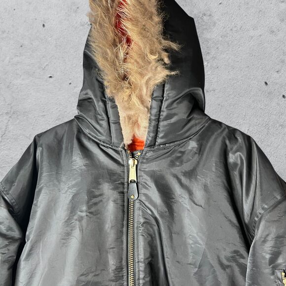 DELF Winter Coat Heavy Duty Military Retro Jacket Black Hooded Faux Fur Men's XL - Picture 11 of 12